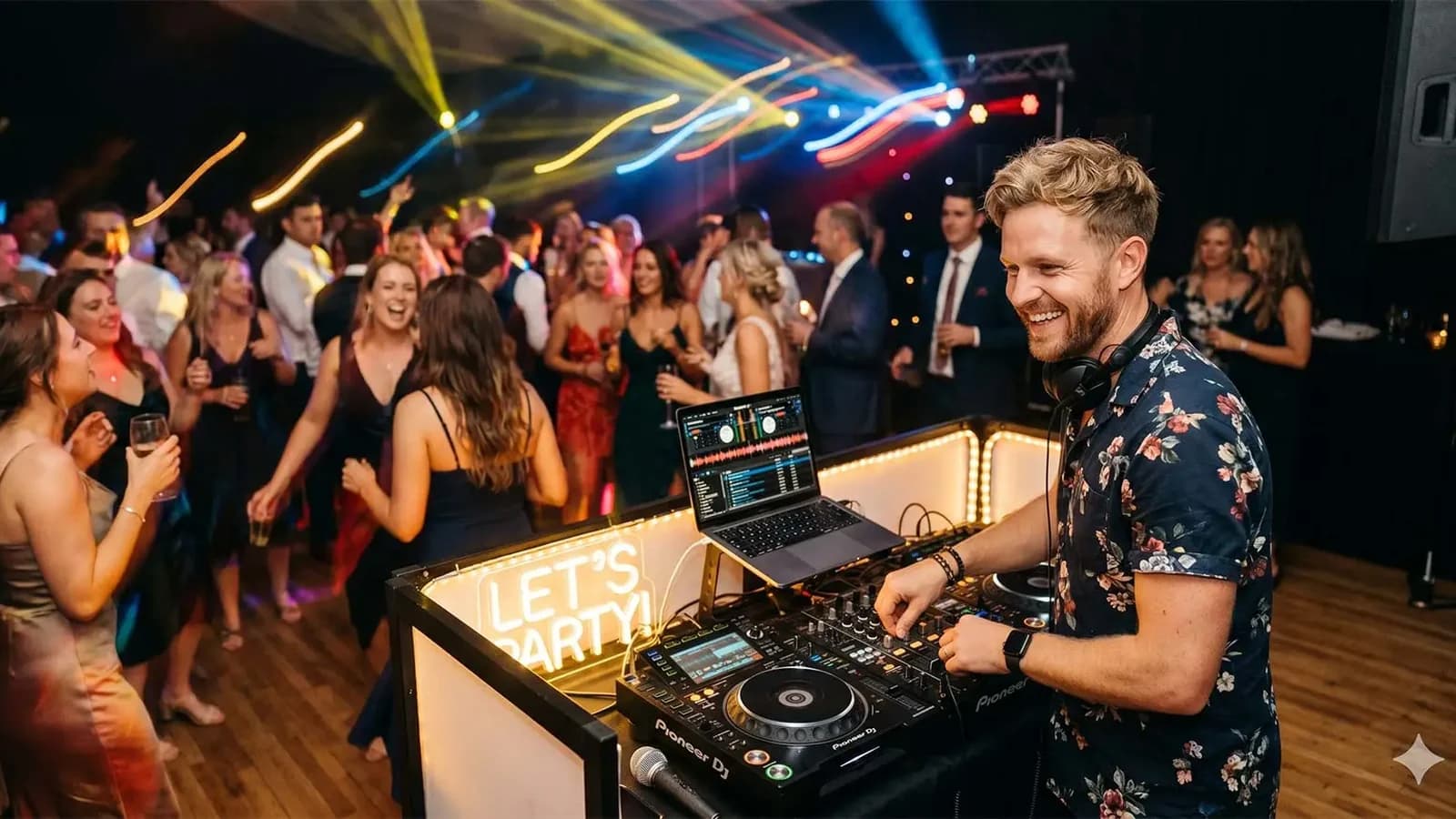 DJ am Mischpult mit Neonschriftzug, dahinter eine volle Tanzfläche bei einer Hochzeitsfeier