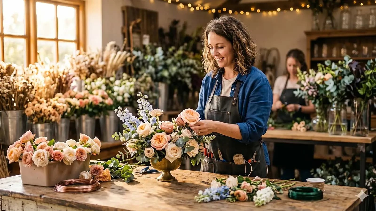 Floristin steckt ein Gesteck aus Rosen und Wiesenblumen in einer Werkstatt voller Blumeneimer